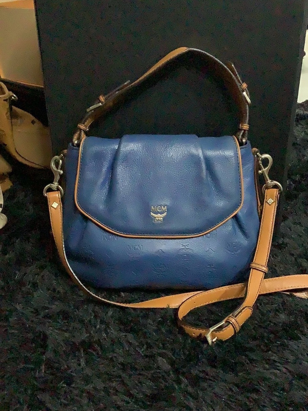 MCM Blue Leather Shoulder Bag with Tan Trim
